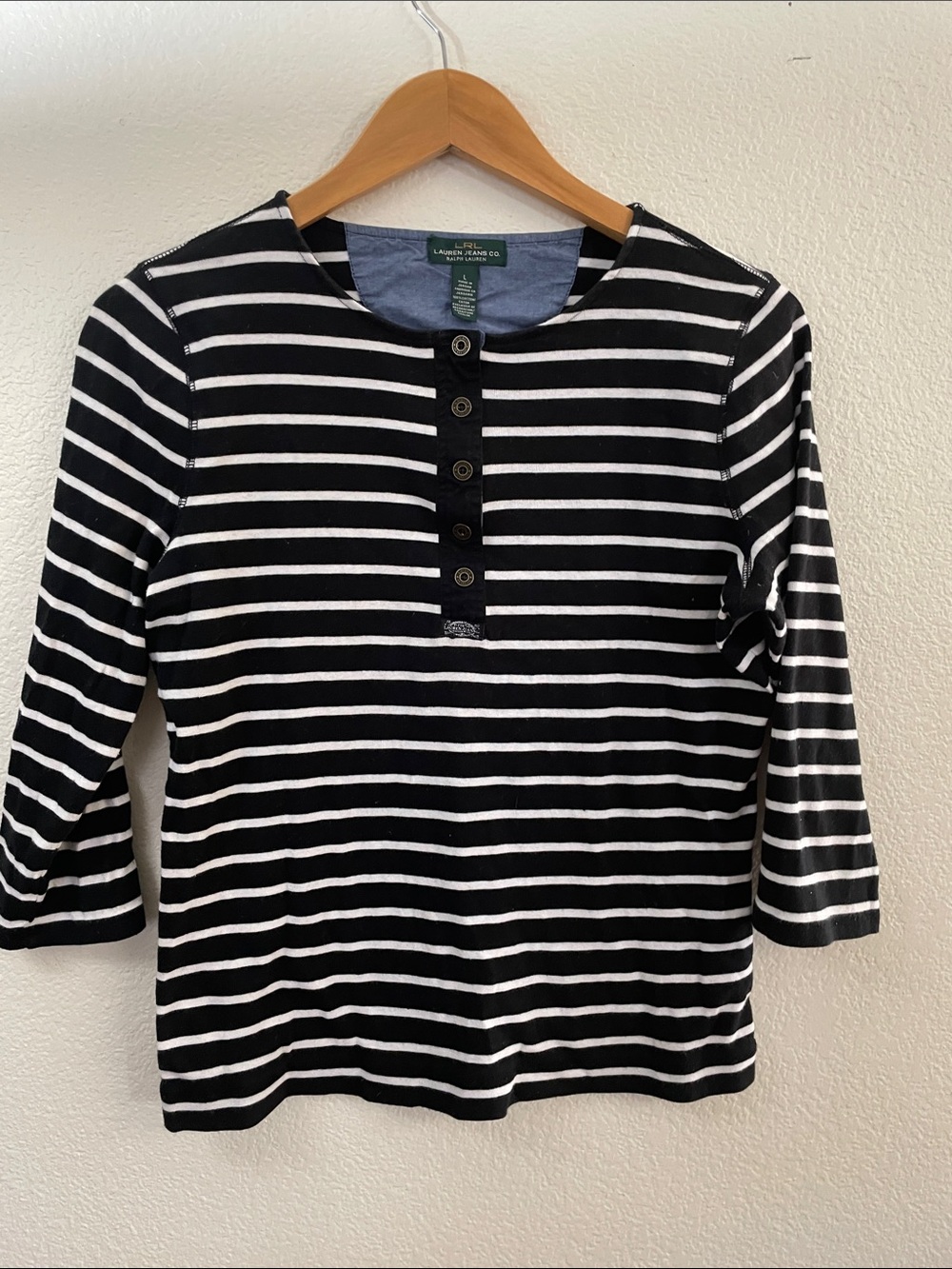 Lauren Ralph Lauren Jeans Co. Black and White Striped 3/4 Sleeve Henley L 21x24